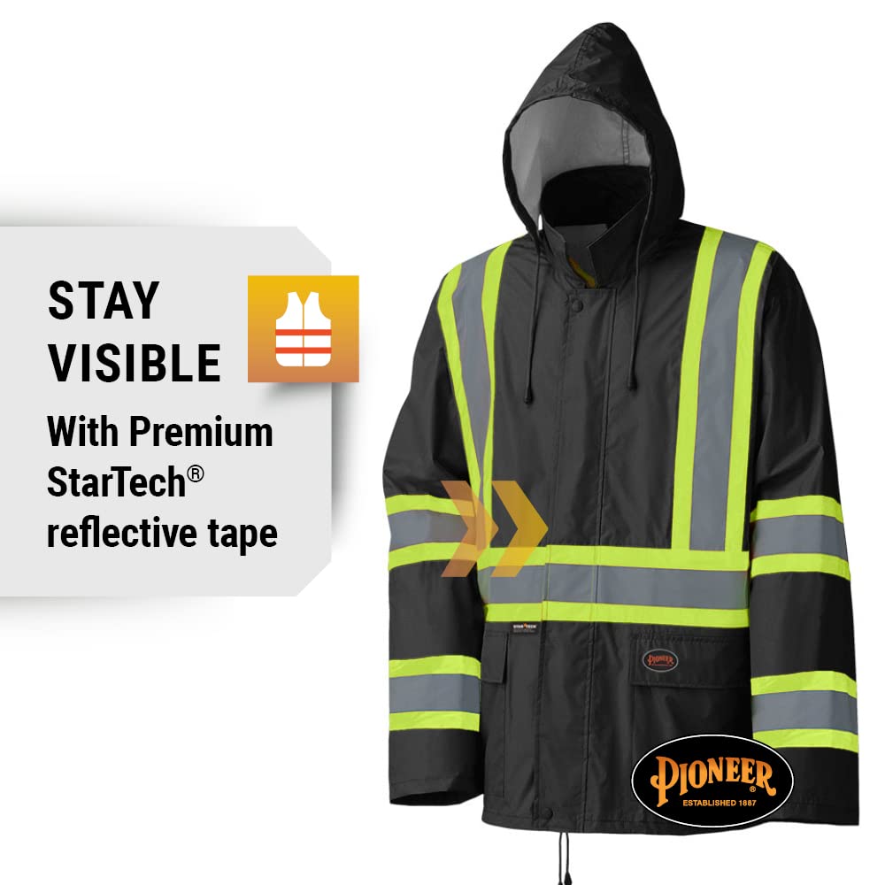 Pioneer Waterproof Lightweight Safety Rain Suit - Hi Vis Reflective Work Rain Gear - Safety Jacket &Bib Pants - Black Medium
