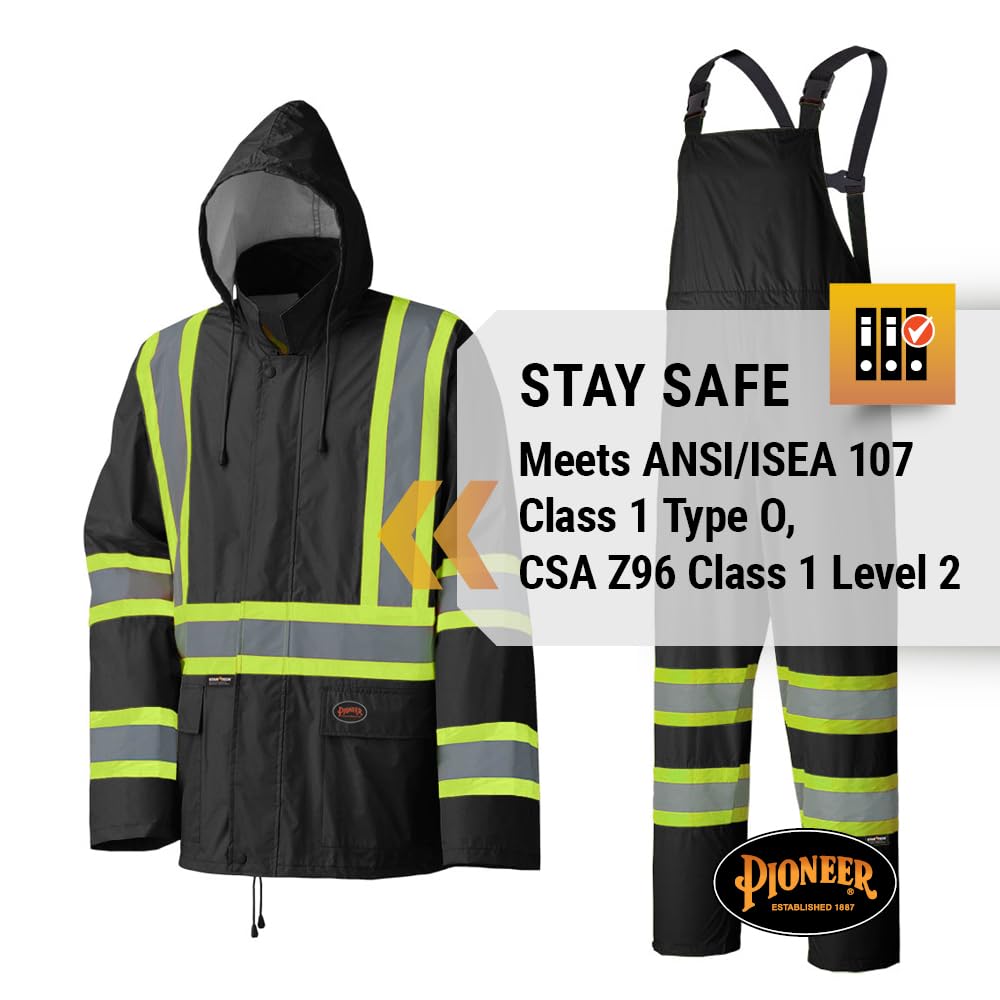 Pioneer Waterproof Lightweight Safety Rain Suit - Hi Vis Reflective Work Rain Gear - Safety Jacket &Bib Pants - Black Medium