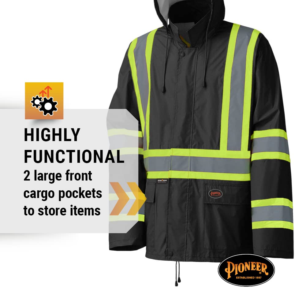 Pioneer Waterproof Lightweight Safety Rain Suit - Hi Vis Reflective Work Rain Gear - Safety Jacket &Bib Pants - Black Medium