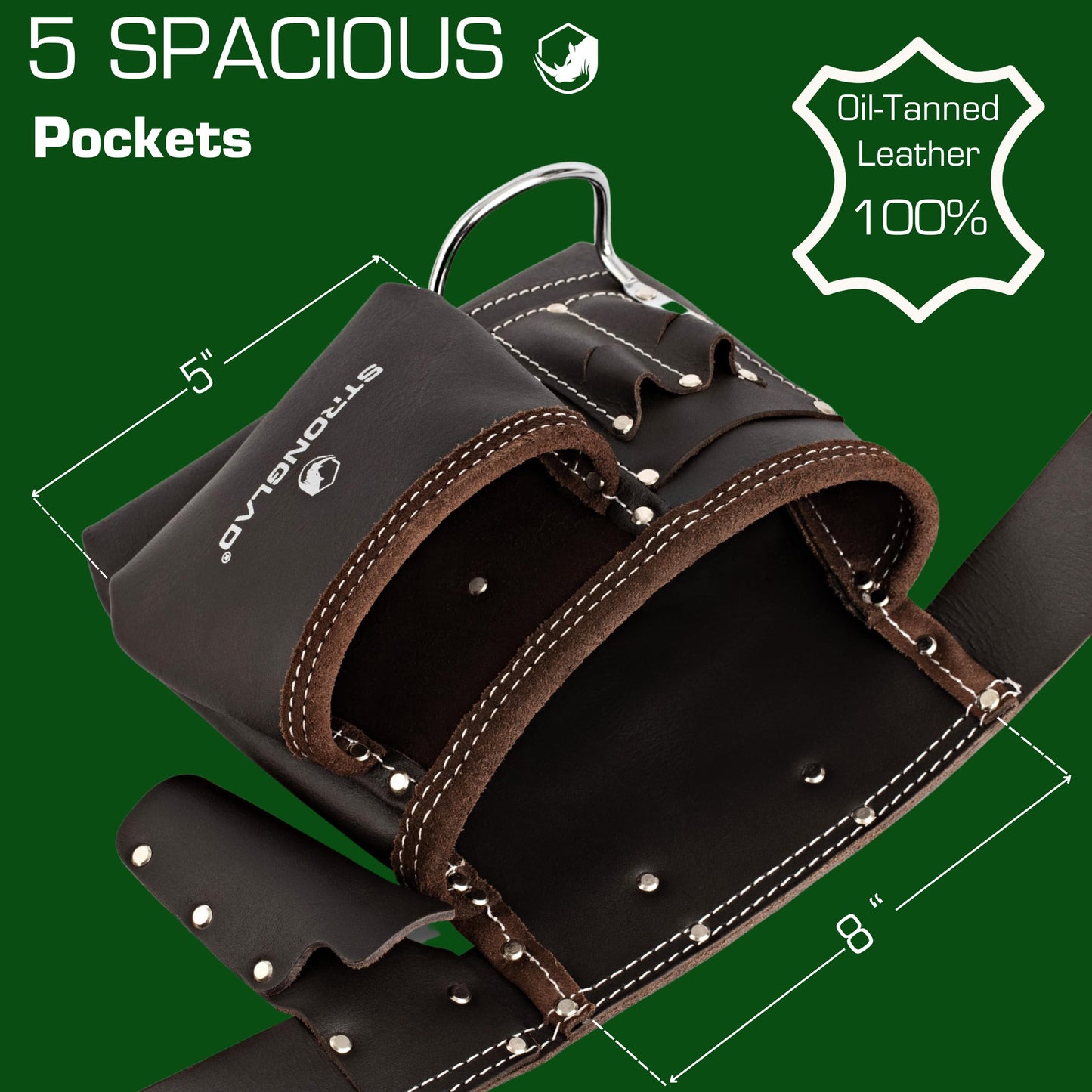 STRONGLAD 5-Pocket Leather Tool Belt, Carpenters Tool Belts, Construction Pouch, Tool Apron, Tool Organizer, Utility Pouches, Tool Bag, Toolbelt for men, Drywall, Electrician, Carpenter TBL1 Brown
