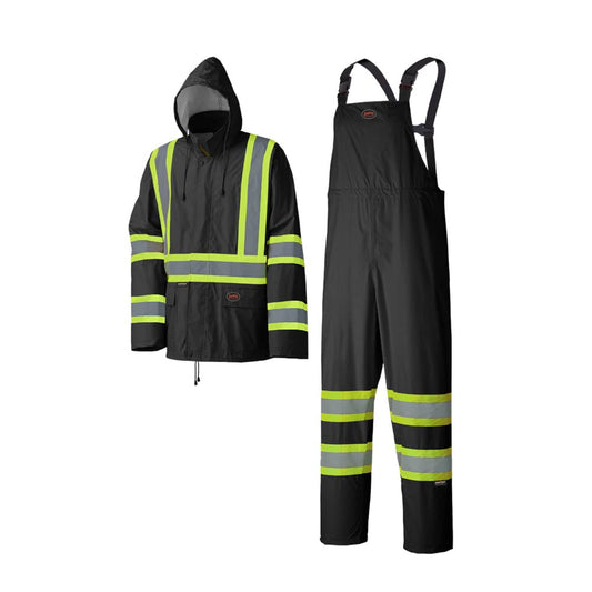 Pioneer Waterproof Lightweight Safety Rain Suit - Hi Vis Reflective Work Rain Gear - Safety Jacket &Bib Pants - Black Medium
