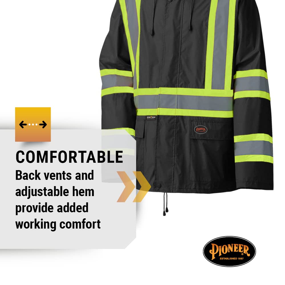 Pioneer Waterproof Lightweight Safety Rain Suit - Hi Vis Reflective Work Rain Gear - Safety Jacket &Bib Pants - Black Medium