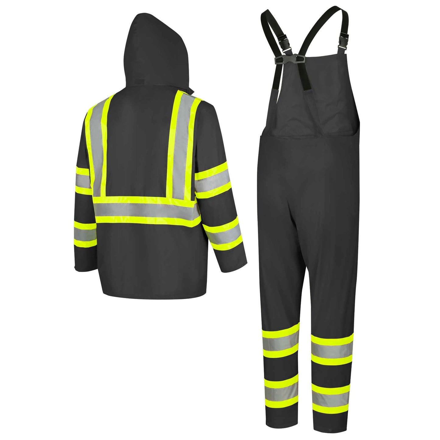 Pioneer Waterproof Lightweight Safety Rain Suit - Hi Vis Reflective Work Rain Gear - Safety Jacket &Bib Pants - Black Medium