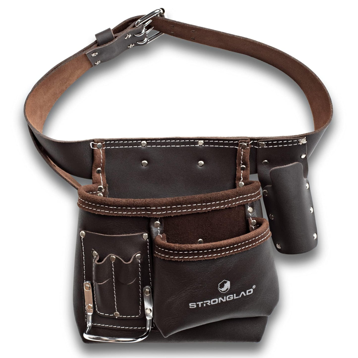 STRONGLAD 5-Pocket Leather Tool Belt, Carpenters Tool Belts, Construction Pouch, Tool Apron, Tool Organizer, Utility Pouches, Tool Bag, Toolbelt for men, Drywall, Electrician, Carpenter TBL1 Brown
